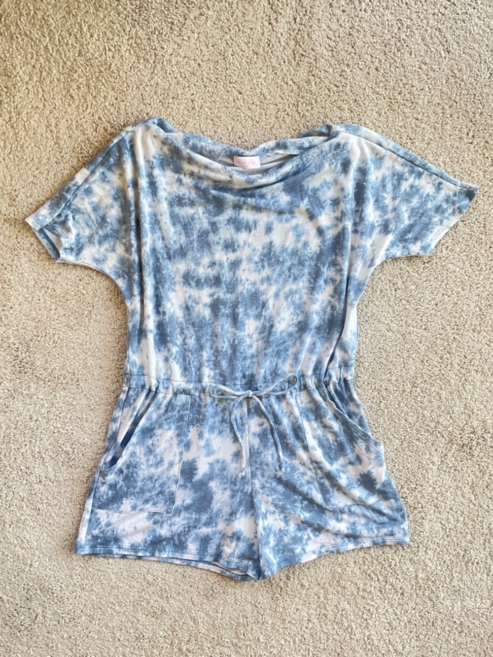Pink Lily Tie Dye Blue White A-Line Cowlneck Short Sleeve Romper Size Small